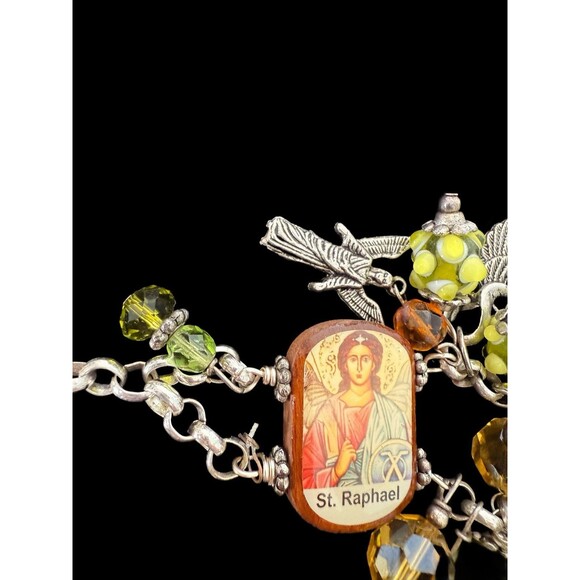 Vintage Religious Charm Chunky Bracelet – Archangels & Saint Icons – Glass Beads - Picture 9 of 14